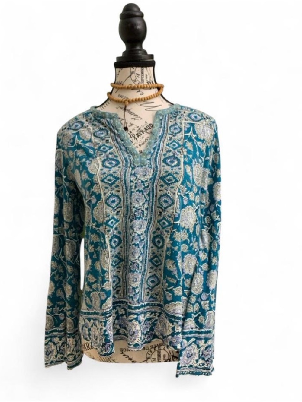 Lucky Brand Floral V-Neck Bell Sleeve Boho Blouse Women’s Size S Cottagecore